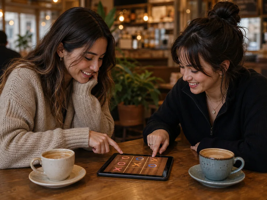 Two people playing tic-tac-toe together on one tablet