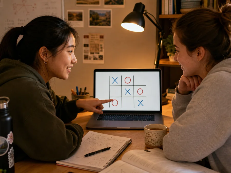 两位棋手轮换先后手进行同屏井字棋对弈